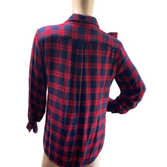 Banana Republic Red Navy Plaid Flannel Dillon Button Up Academia Ruffled Top Med - Picture 10 of 13